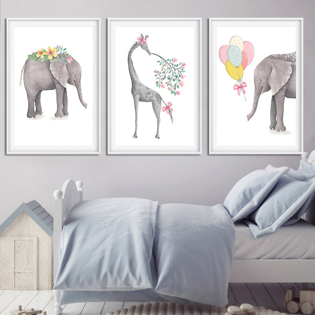 640x640 Nordic Style Cartoon Giraffe Elephant Animal Canvas Poster Art - Elephant Nursery Painting
