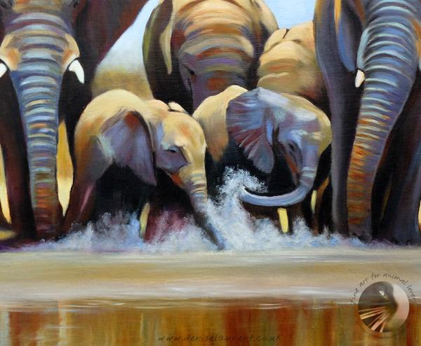 600x494 Water Hole - Elephant Oil Painting