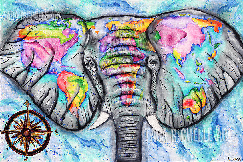 851x570 Wanderlust. Elephant Painting World Map Vintage Map Travel - Elephant Painting Abstract