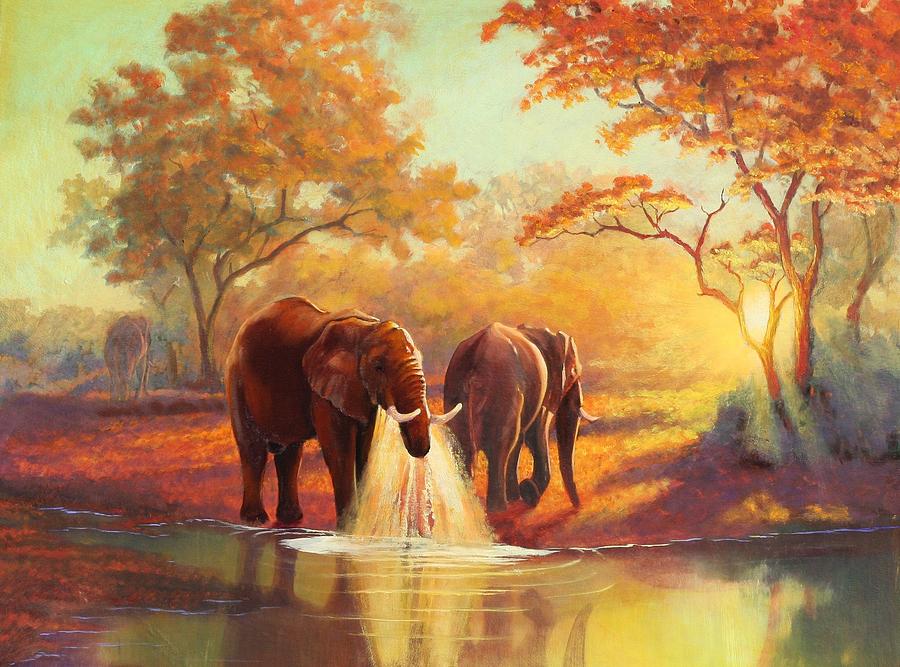 900x667 Thirsty Elephant Painting By Heila Van Der Merwe - Elephant Painting Images