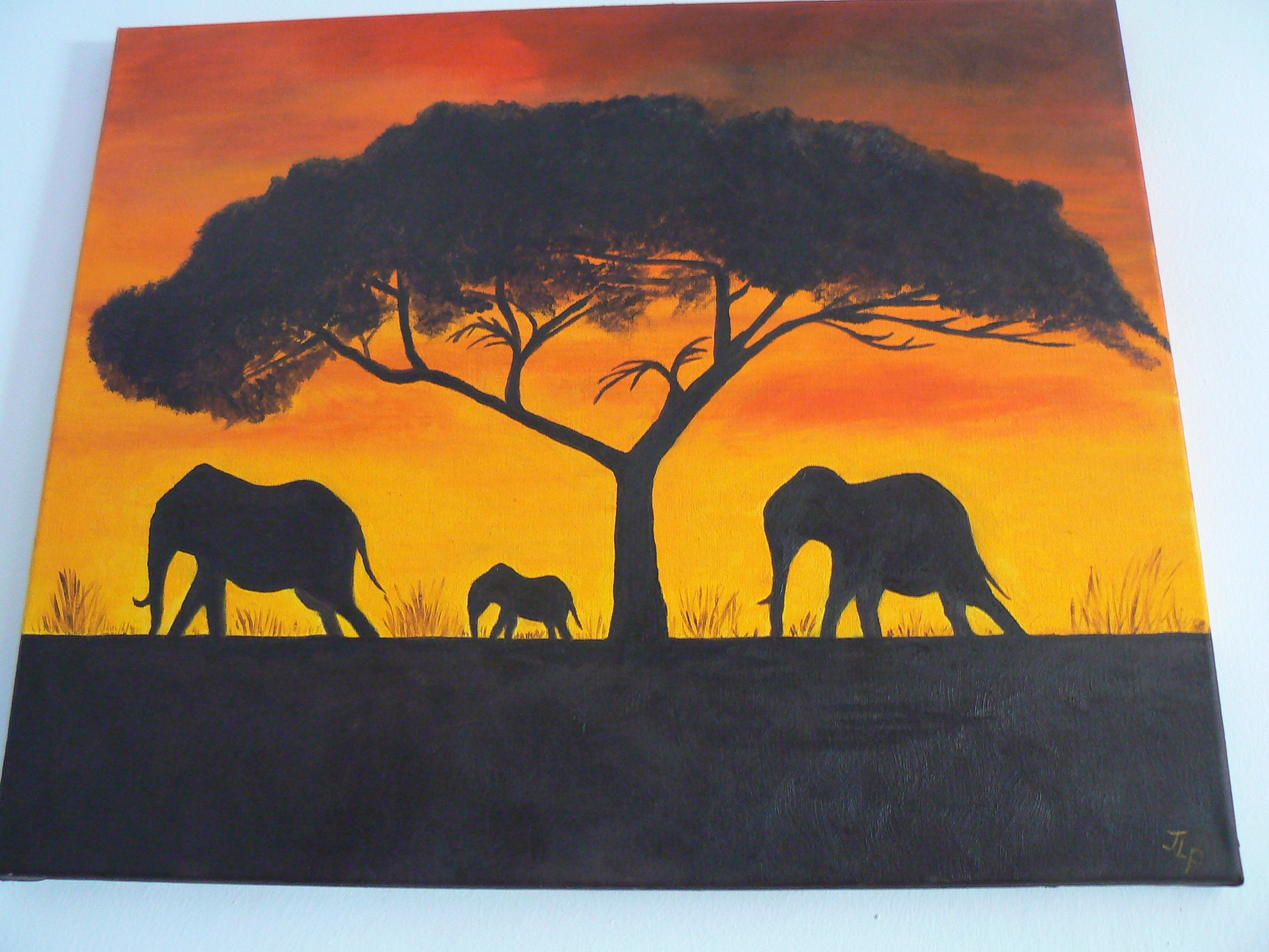 2816x2112 Acrylic Painting, Elephants In Silhouette (For Adele). Art - Elephant Silhouette Acrylic Painting