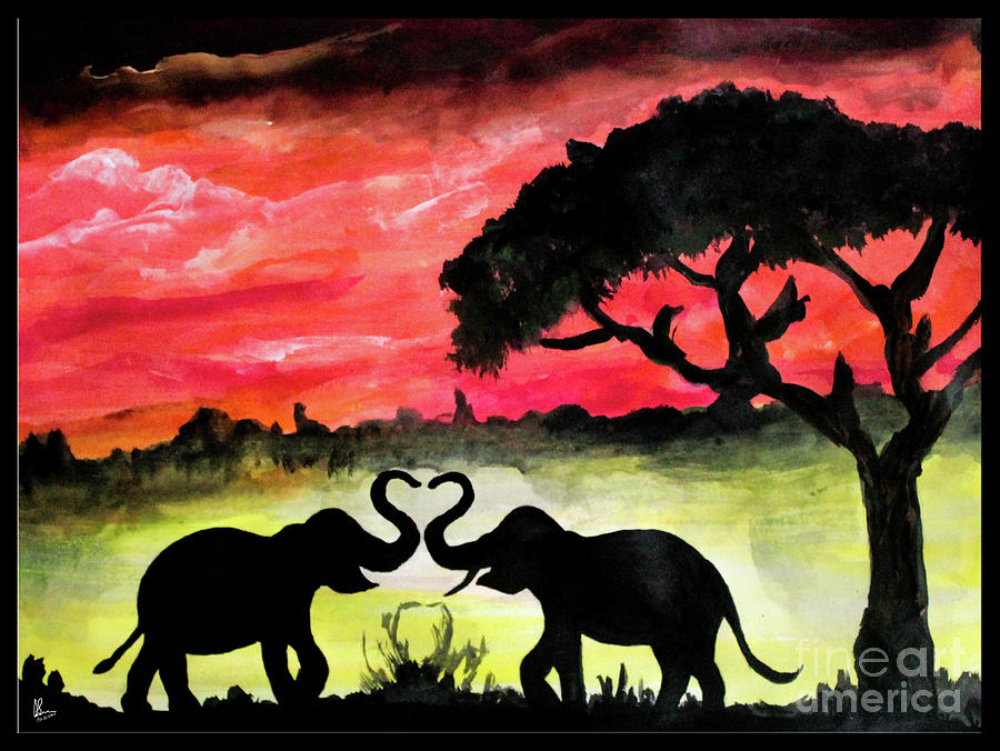 900x676 Love In Jungle - Elephant Silhouette Acrylic Painting