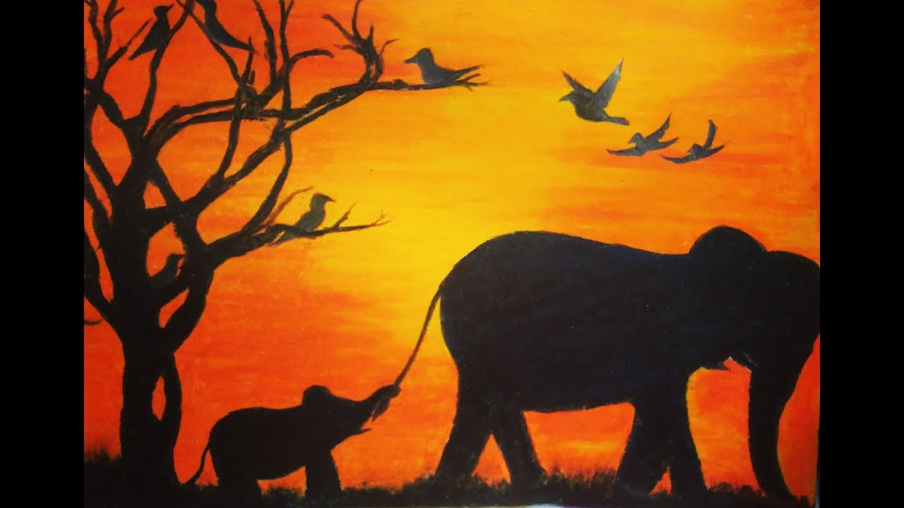 1280x720 African Sunset Paintinghow To Draw Easy African Sunset By - Elephant Silhouette Acrylic Painting