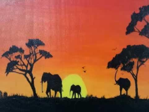480x360 African Sunset Acrylic Painting - Elephant Silhouette Acrylic Painting