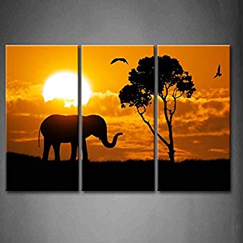 350x350 3 Panel Wall Art Yellow Orange Silhouette Of Elephant - Elephant Silhouette Painting