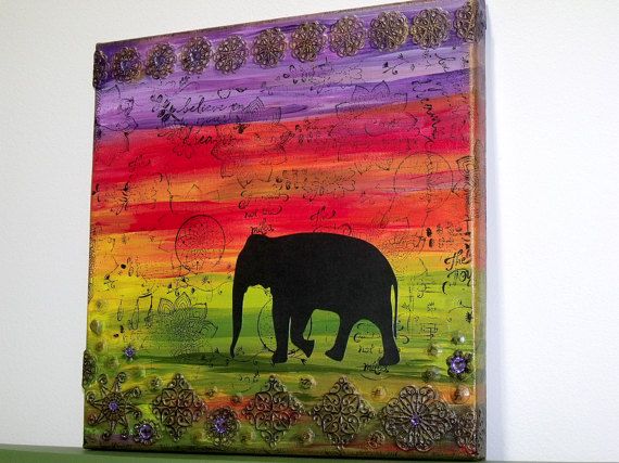570x427 Elephant Silhouette Sunset Mixed Media Canvas - Elephant Silhouette Painting
