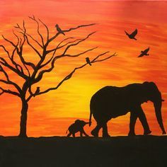 236x236 Elephant Sunset Painting Canvas Decor Animals Silhouette Acrylic - Elephant Silhouette Painting