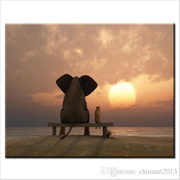 600x600 2018 Elephant Dog Watch The Sunset Painting Hd Print Landscape - Elephant Silhouette Painting