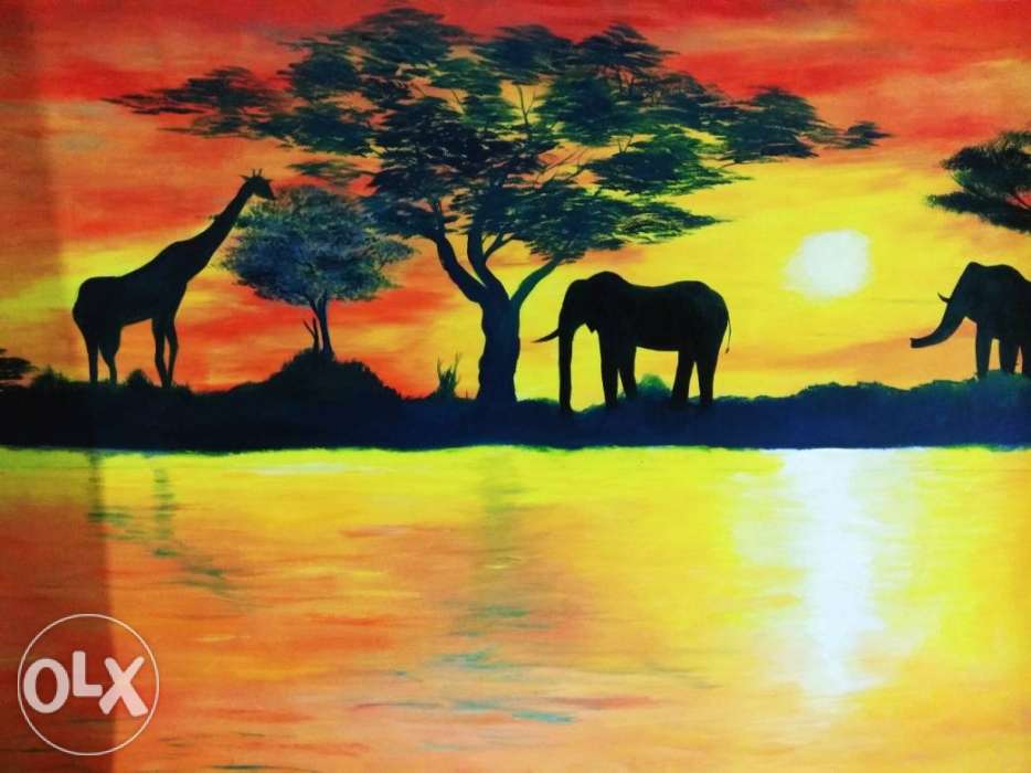 934x700 Giraffe And Elephant Silhouette Painting - Elephant Silhouette Painting