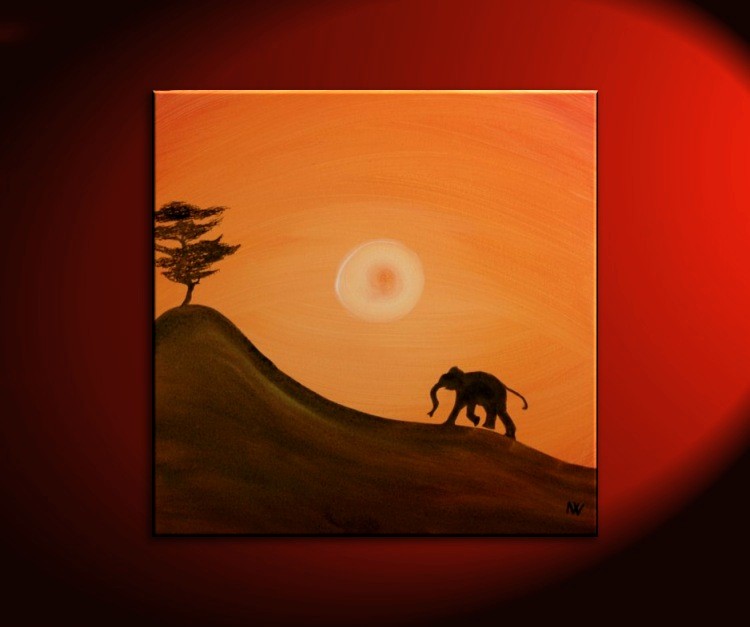 750x627 African Baby Elephant Silhouette Painting Acacia Tree Art Original - Elephant Silhouette Painting