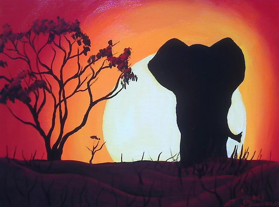 900x666 African Elephant Red Sunset Painting By Portland Art Creations - Elephant Silhouette Painting