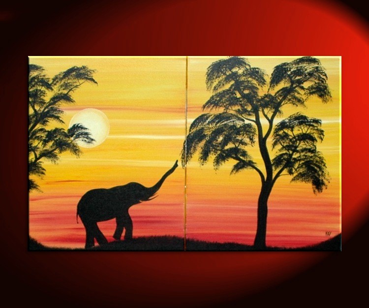 750x627 African Elephant Silhouette Painting Sunset Tree Art Original Dusk - Elephant Silhouette Painting