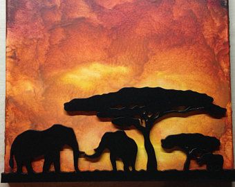 340x270 African Elephants On The Savannah Raised Silhouette, Melted Crayon - Elephant Silhouette Painting