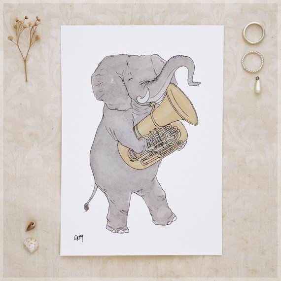 570x570 The Elephant Her Tuba A5 Art Print From Original Ink - Elephant Tuba Painting