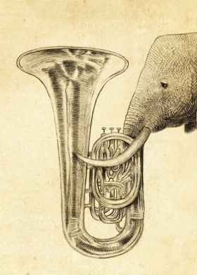 280x392 Tuba Elephant Sepia Drawing Animals Music Vintage Whimsical - Elephant Tuba Painting