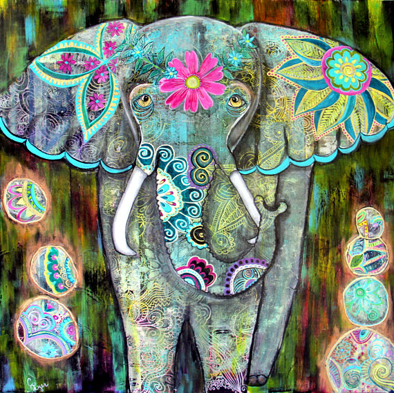 570x569 Large Boho Floral Elephant Painting Spiritual Decor Original - Elephant Underwater Painting