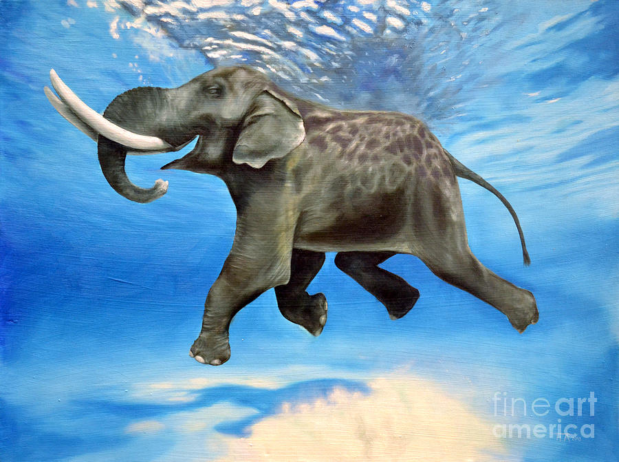 900x671 Rajan The Swimming Elephant Painting By Tia Harper - Elephant Underwater Painting