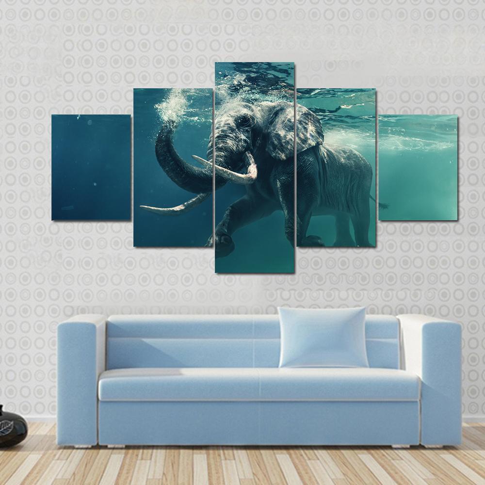 1000x1000 Swimming Elephant Underwater Multi Panel Canvas Wall Art - Elephant Underwater Painting