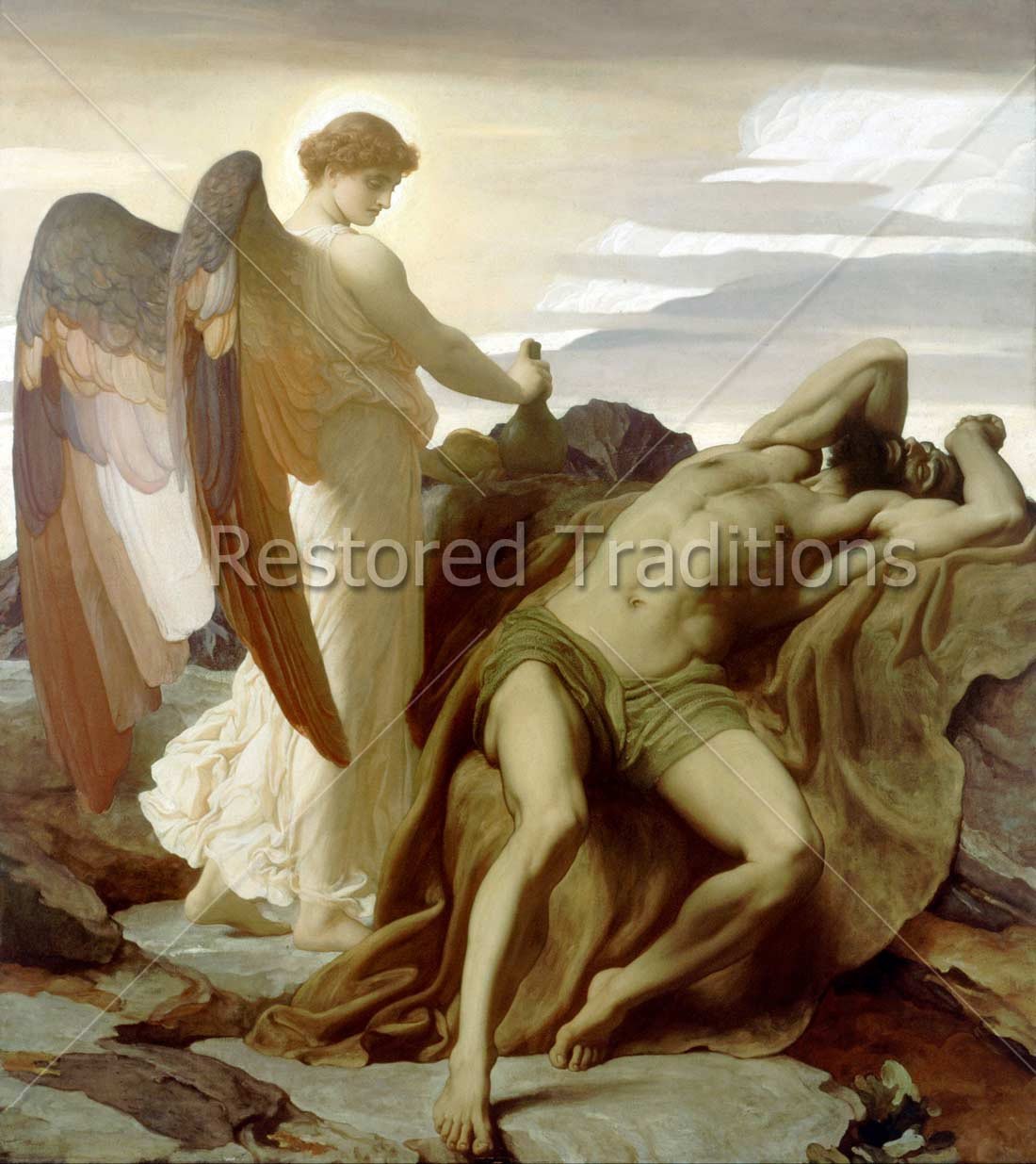1100x1235 Stock Image Angel Brings Food To Prophet Elijah By Artist Leighton - Elijah Painting