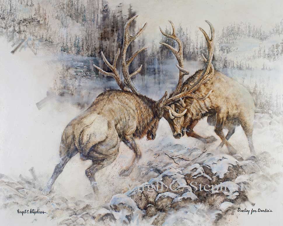 970x776 Dueling For Darlin's Oil Painting Print Of Two Bull Elk Fighting - Elk Oil Painting