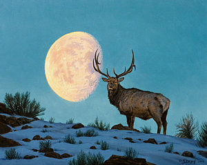 300x239 Setting Moon And Elk Painting By Paul Krapf - Elk Painting