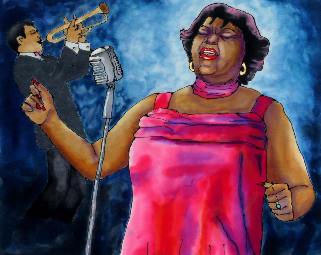 1024x812 Jazz Art Original Paintings On Silk By Linda Marcille - Ella Fitzgerald Painting