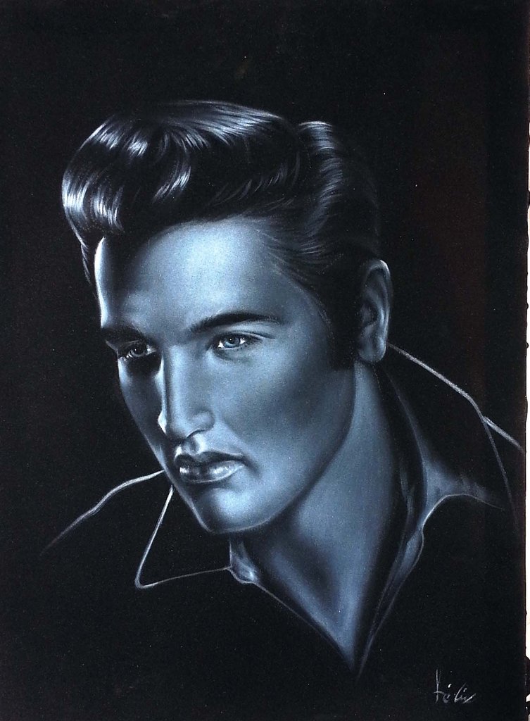 753x1024 Elvis Presley, Young Elvis, Original Oil Painting On Black Velvet - Elvis Presley Velvet Painting