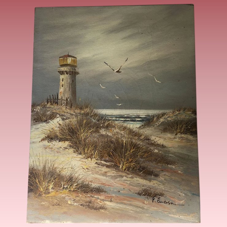 740x740 Vintage Beach Oil Painting Signed Emerson In Love With Antiques - Emerson Painting