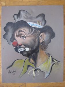 225x300 Vintage Modernist Clown Oil Painting Emmett Kelly Portrait Signed - Emmett Kelly Clown Oil Painting
