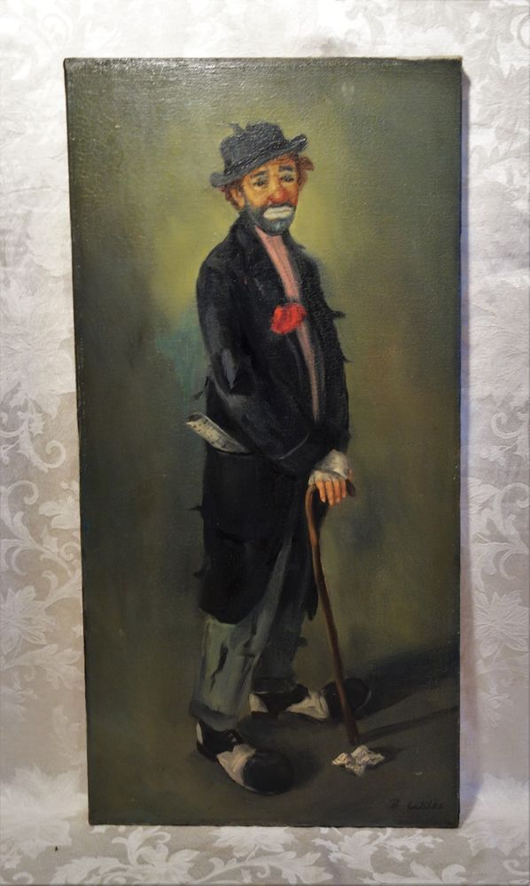 598x1000 Vintage Oil Painting On Canvas Sad Clown Emmett Kelly Signed 30 X - Emmett Kelly Painting