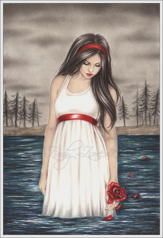 570x833 Letting Go Sea Dark Water Rose Girl Emo Goth Flower Art Print - Emo Girl Painting