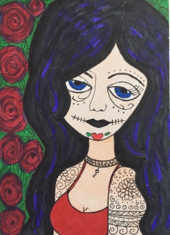 591x819 Original Aceo 239 Sad Goth Emo Girl Tattoo Painting Sarah - Emo Girl Painting