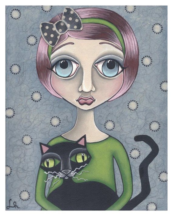 570x712 Big Eye Emo Girl With Black Cat Print Of Original Mixed Media - Emo Girl Painting