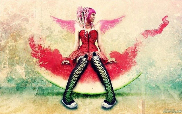 640x400 Emo Girl Art Pink Watermelon 4 Sizes Silk Fabric Canvas Poster - Emo Girl Painting