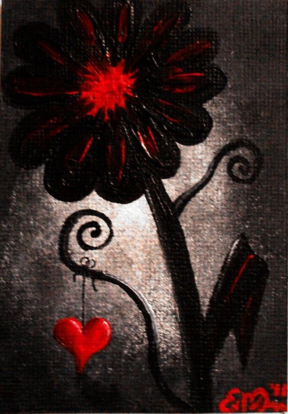 570x818 Aceo Sale Dark Art Gothic Lowbrow Emo Punk Flower Red Black Heart - Emo Painting