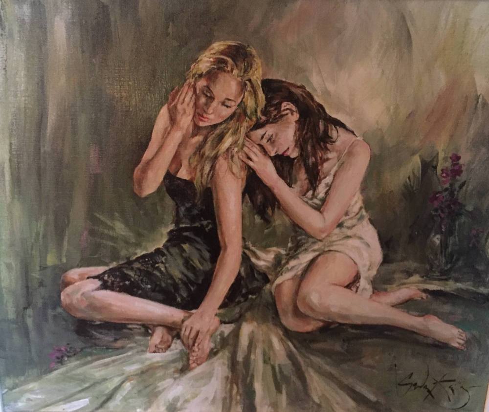 1000x843 Rare Large Original Gordon King Empathy Blond Brunette Girls - Empathy Painting