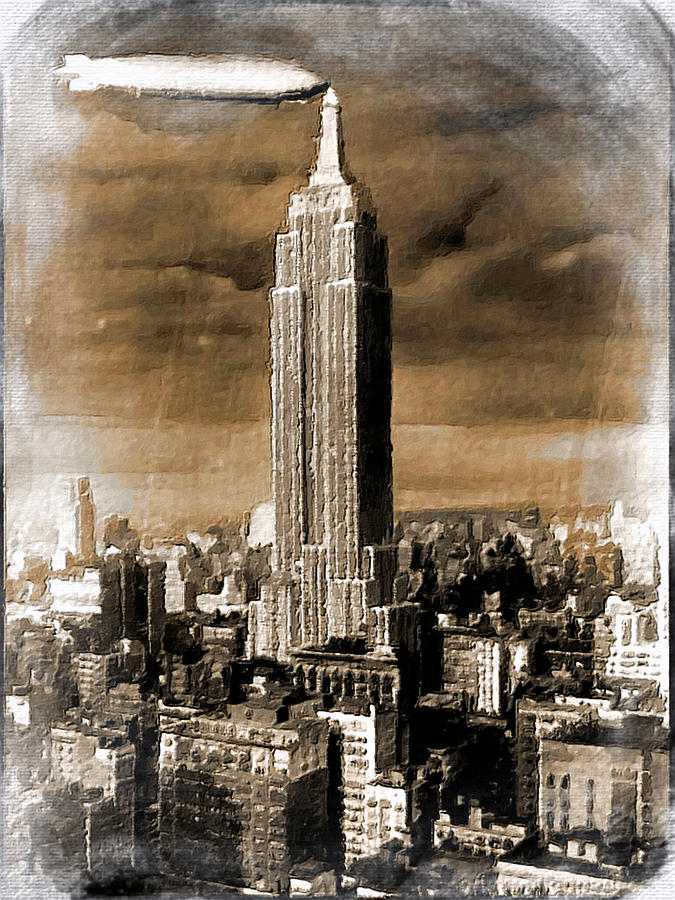 675x900 Empire State Building Blimp Docking Sepia Painting By Tony Rubino - Empire State Building Painting