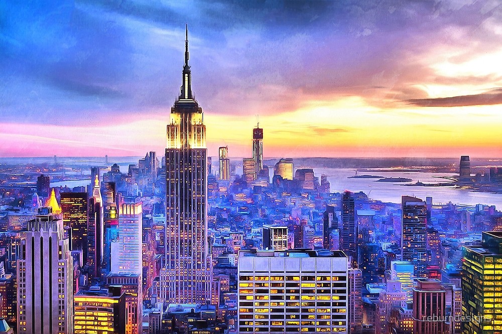 1000x666 Nyc Sunset Watercolor Painting New York City Big Apple Brooklyn - Empire State Painting