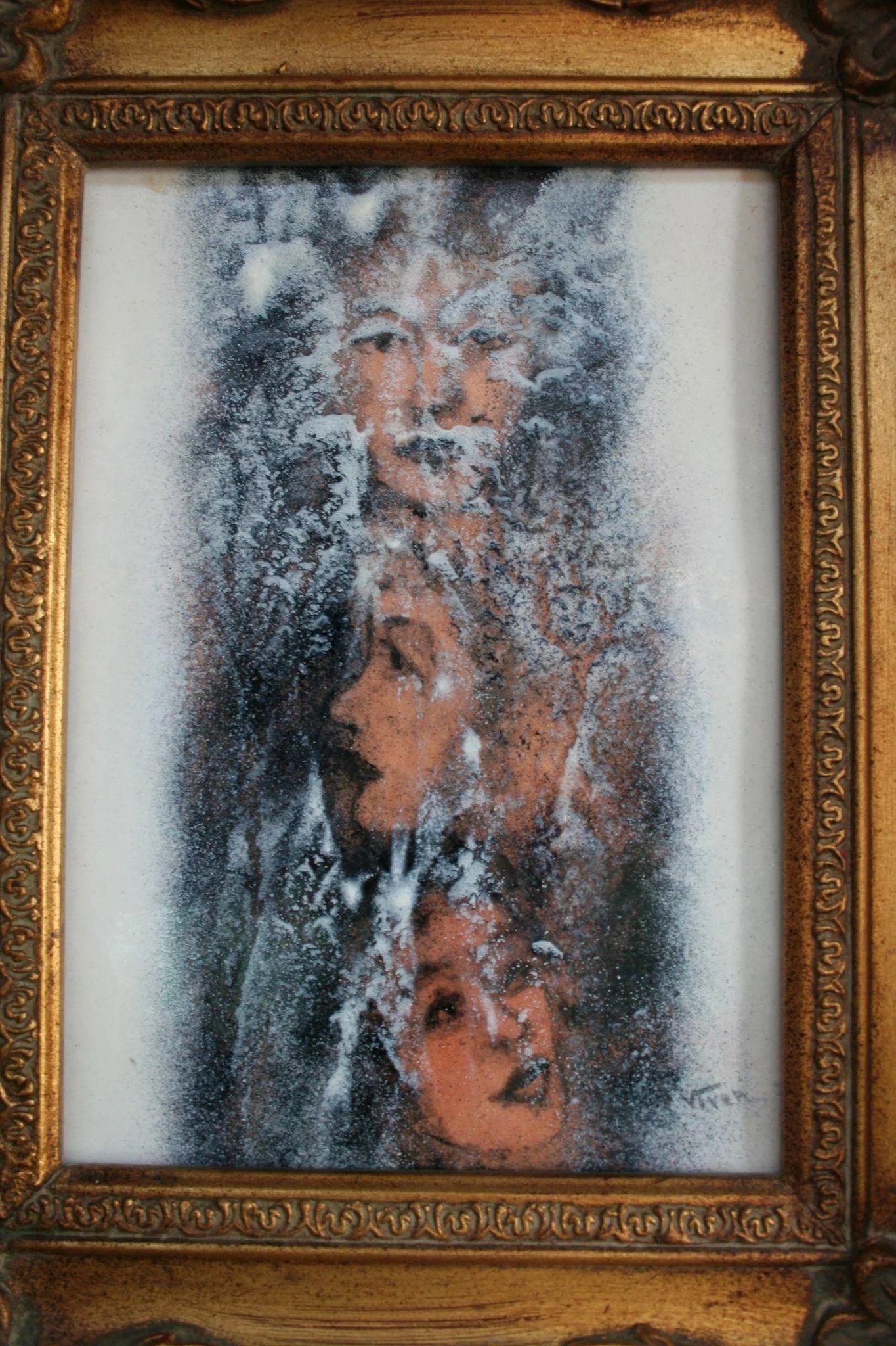 1365x2048 Modernist Enamel On Copper Painting Three Faces By Florida Artist - Enamel On Copper Painting