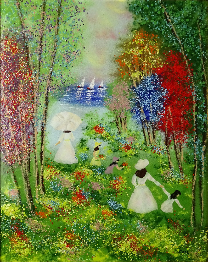 795x1000 Vintage Enamel On Copper Painting Figures By The Lake Signed - Enamel On Copper Painting