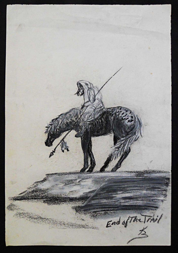 704x1000 Vintage Western Original Drawing Indian Horse Folk Art End - End Of The Trail Original Painting