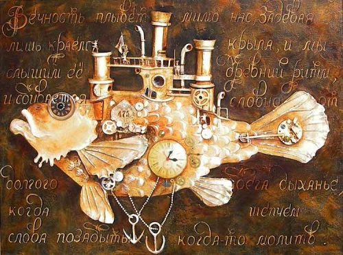 500x371 Engineering Of Time. Painting And Clock, Mechanical, Fish - Engineering Painting