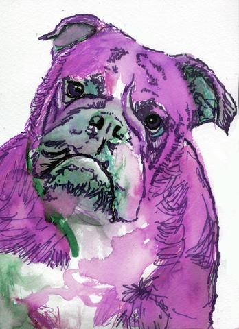 348x480 English Bulldog Art Print Watercolor Purple Dog Painting Ink Wall - English Bulldog Painting