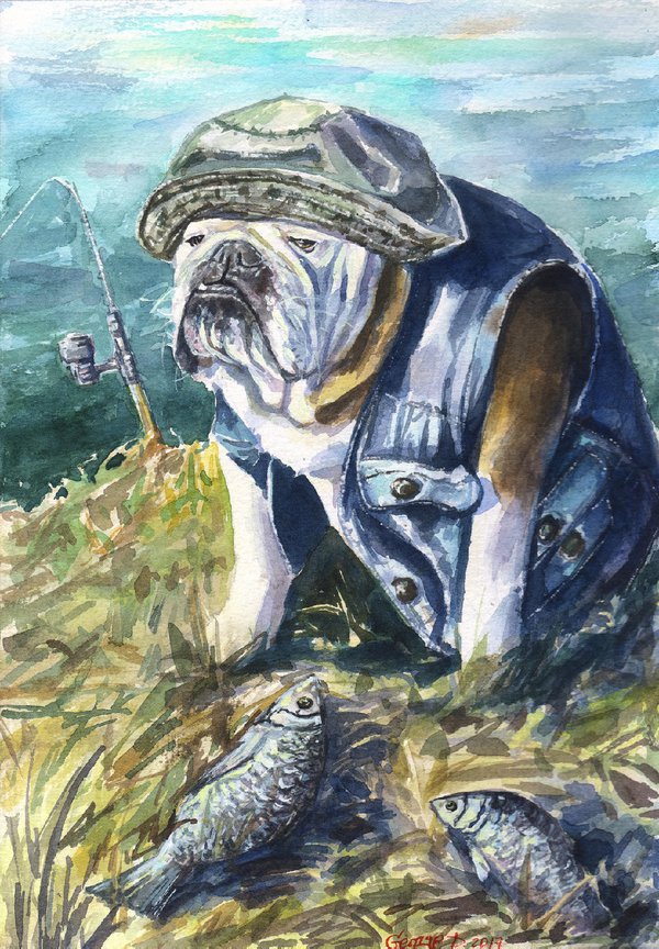 600x864 English Bulldog The Fisher By Georgeart23 - English Bulldog Painting