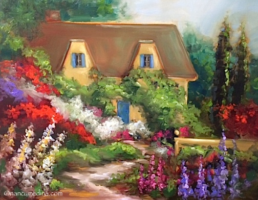504x392 Nancy Medina Art English Garden Cottage - English Garden Painting