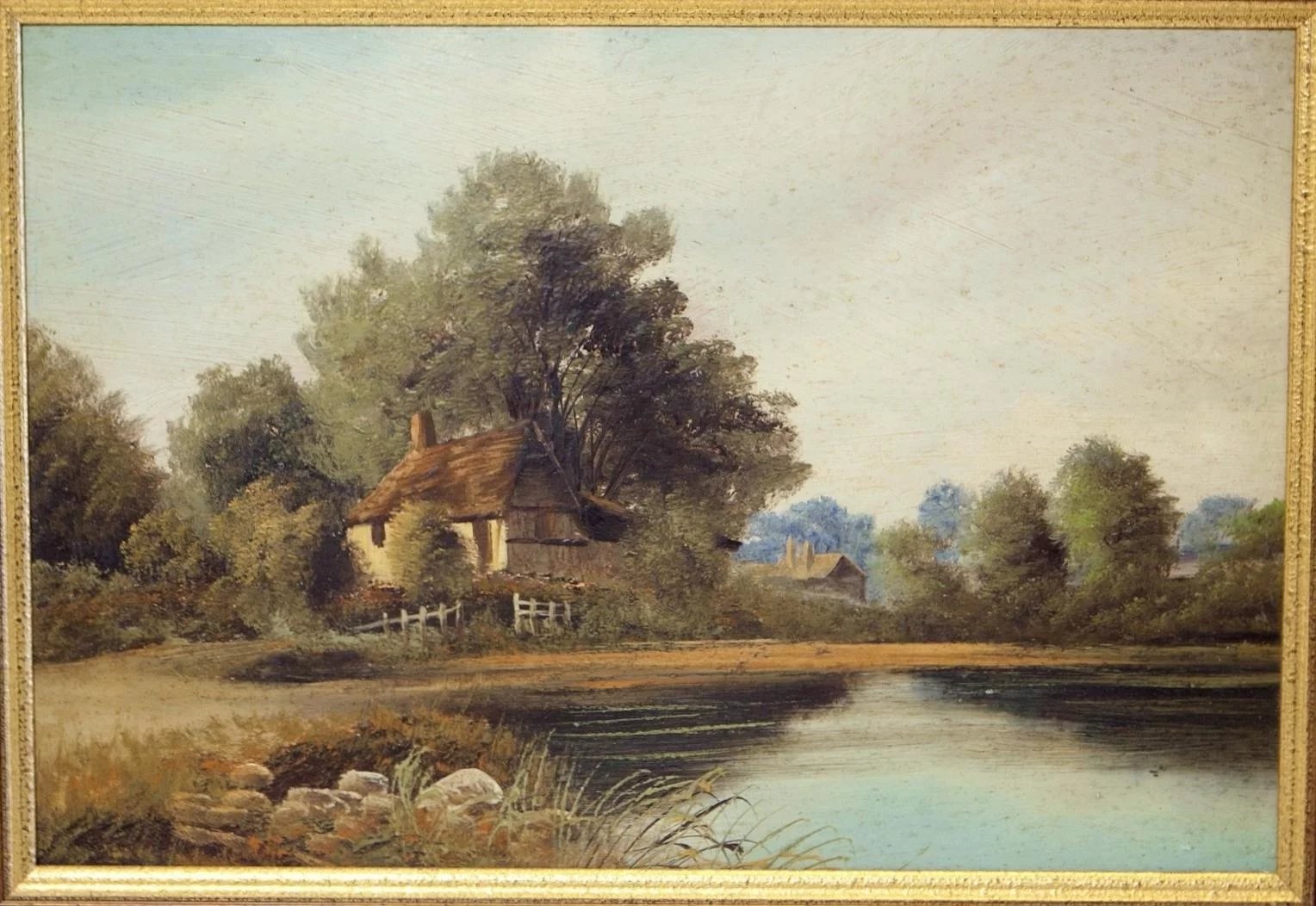 1528x1052 English Landscape Painting Cottage By Lake Oil On Board Vintage - English Landscape Painting