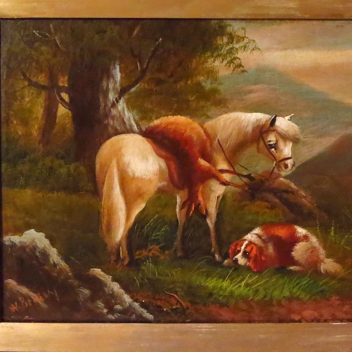 720x720 Antique English Oil Painting Horse And Dog After The Hunt Larie - English Painting