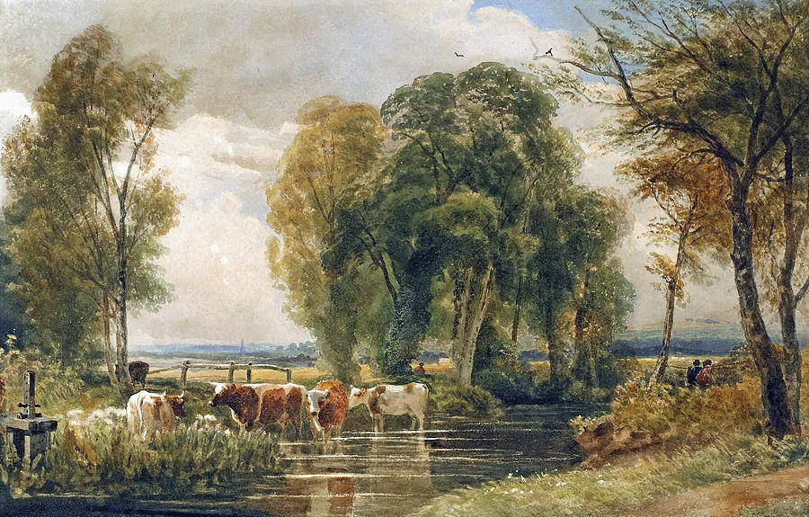 900x575 Landscape Cattle In A Stream With Sluice Gate Painting By Peter De - English Pastoral Painting