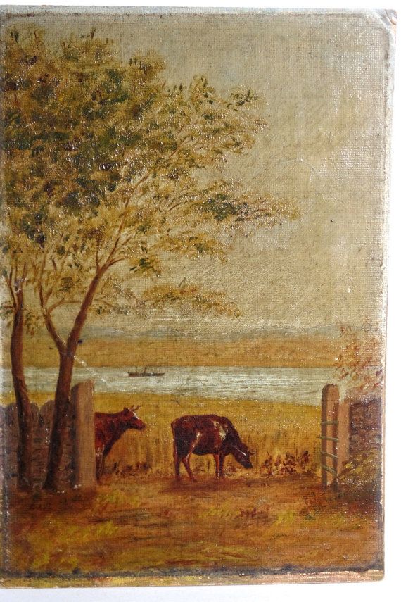 570x855 19thc English Pastoral Cattle Oil Painting, Antique Cow Oil - English Pastoral Painting
