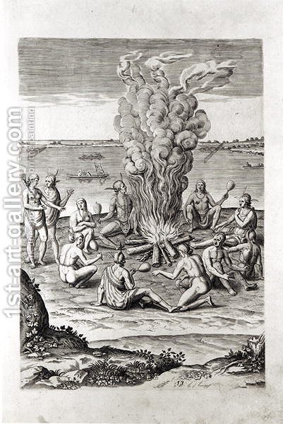 401x600 Indians Praying Around A Fire, Engraving From Hariot's A Briefe - Engraving Painting